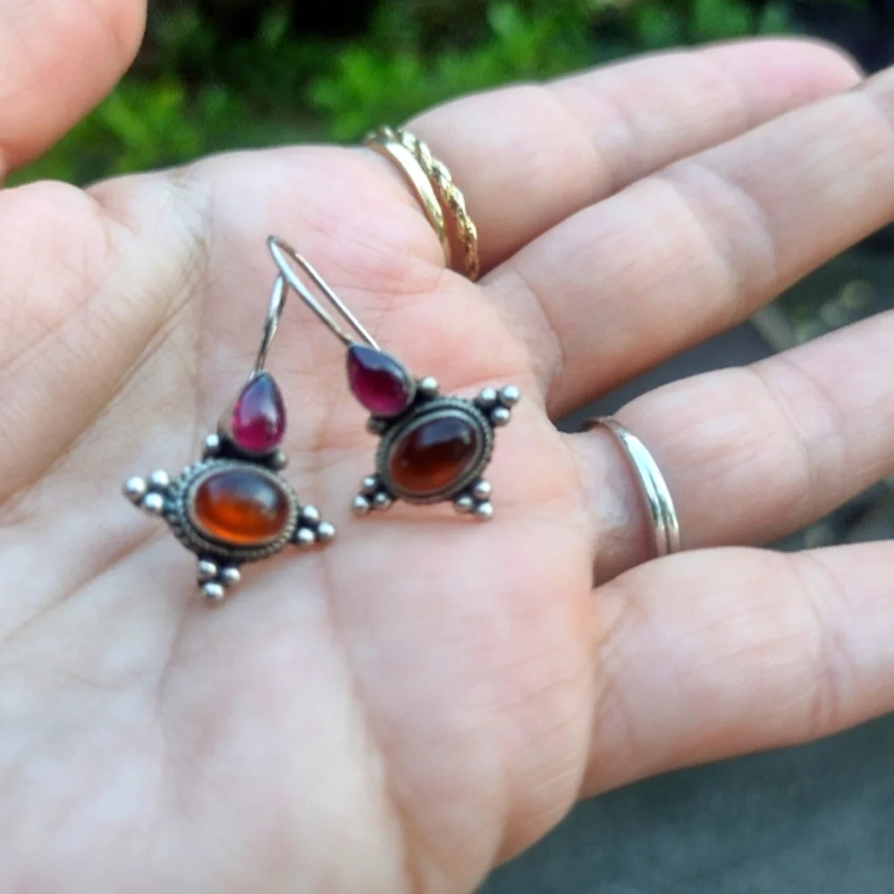 SS 925 Garnet And Amber Earrings - Picture 2 of 8